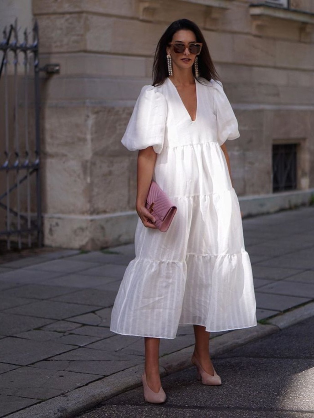 ASOS White Puff-Sleeve Tiered Maxi Dress